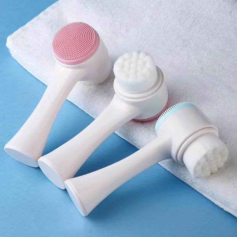 3D Double Silicone Facial Cleansing Brush Manual Massage Facial Brush Soft Bristles Exfoliator Double Sided Face Wash Brush