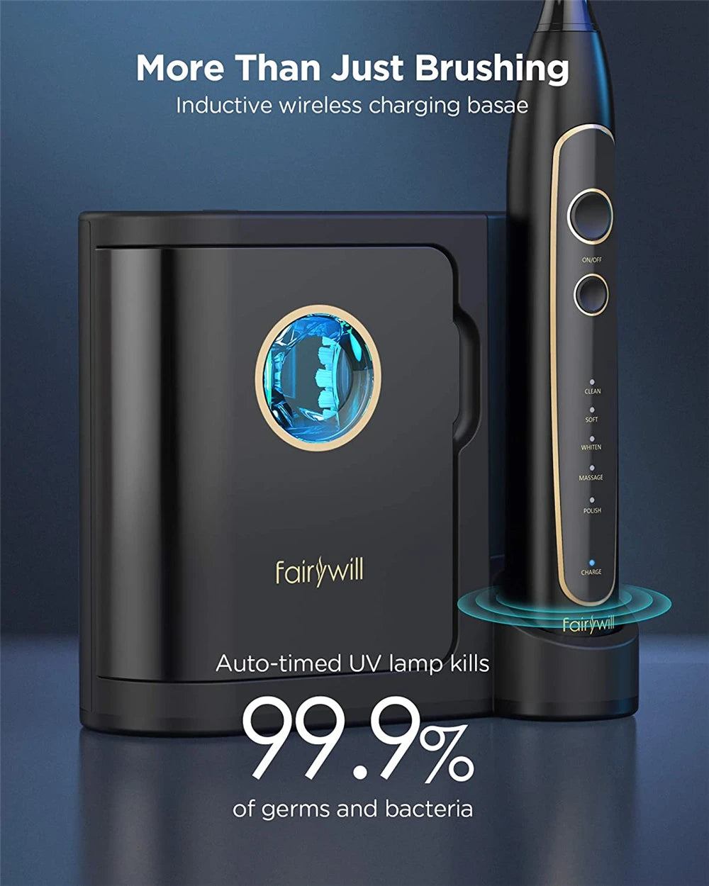 Fairywill Electric Toothbrush Ultra-Sonic Power Whitening Toothbrush with 5 Modes Wireless Charging Smart Timer 8 Brush Heads