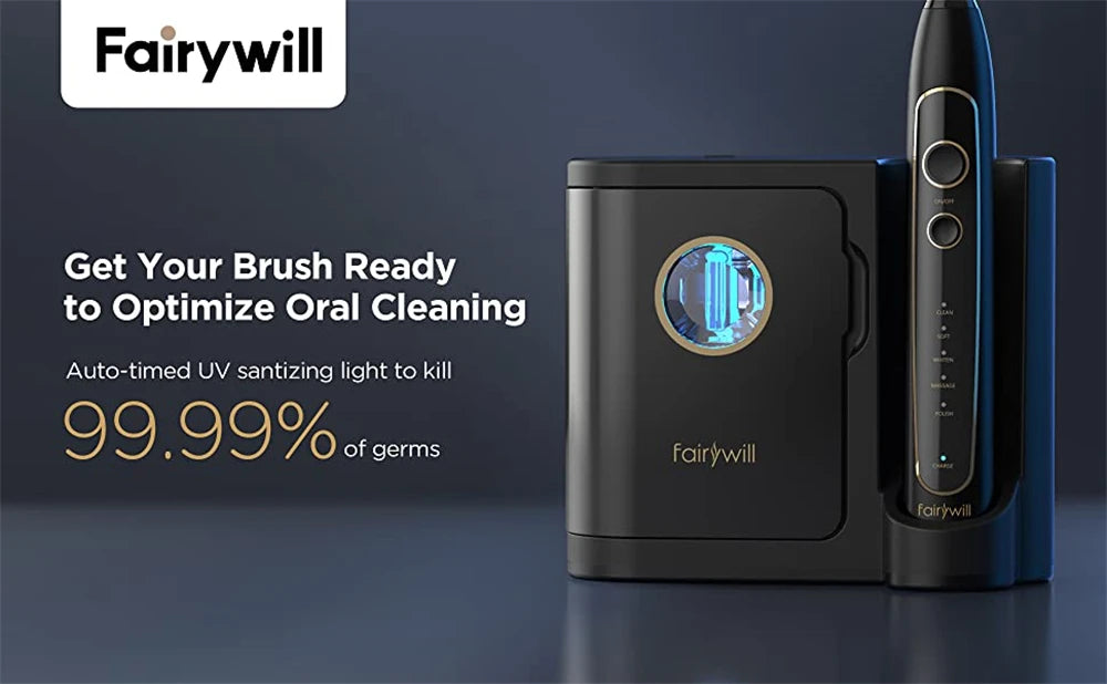 Fairywill Electric Toothbrush Ultra-Sonic Power Whitening Toothbrush with 5 Modes Wireless Charging Smart Timer 8 Brush Heads