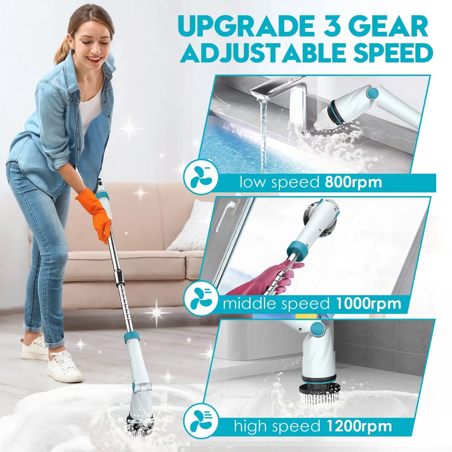 1200RPM Electric Spin Scrubber 21V Cordless Cleaning Brush with Adjustable Extension Arm 8 Replaceable Cleaning Heads for Home