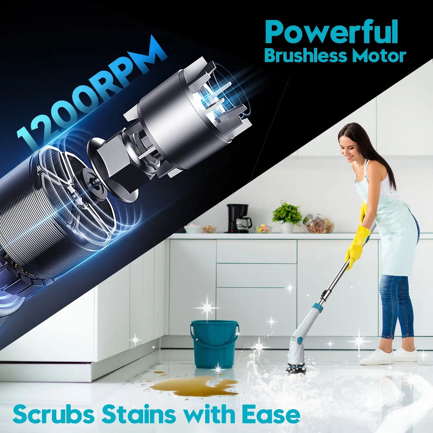 1200RPM Electric Spin Scrubber 21V Cordless Cleaning Brush with Adjustable Extension Arm 8 Replaceable Cleaning Heads for Home