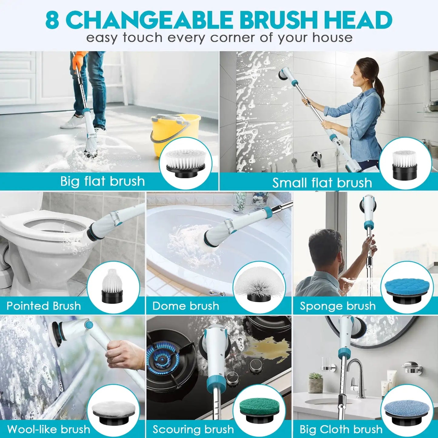 1200RPM Electric Spin Scrubber 21V Cordless Cleaning Brush with Adjustable Extension Arm 8 Replaceable Cleaning Heads for Home